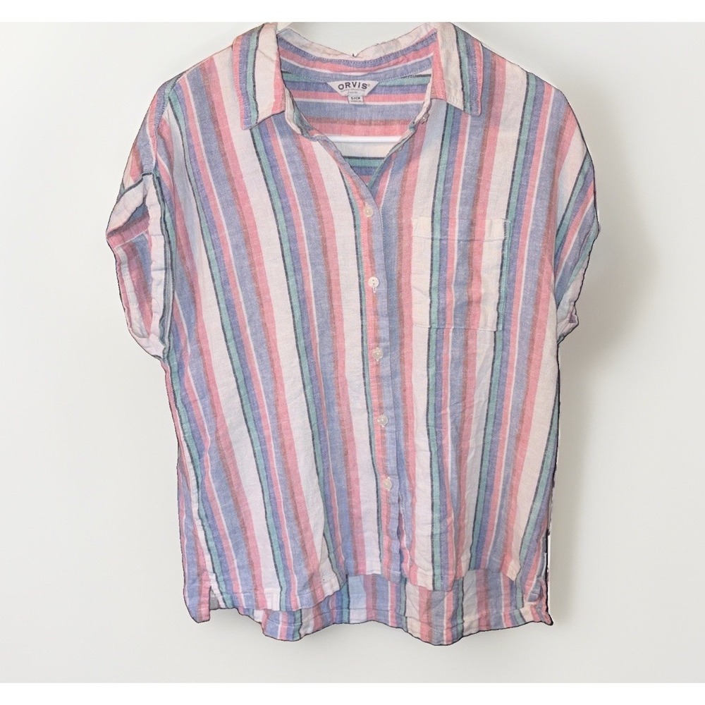 Orvis Linen Blend Coastal Strip Women's Resort Wear Button Down Shirt Size A